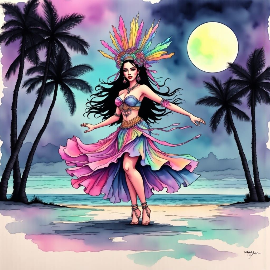 <lora:Muted Neon WaterFlux:1.0> Portrait of a Filipina dancer in full costume, dancing under the full moon on the beach....