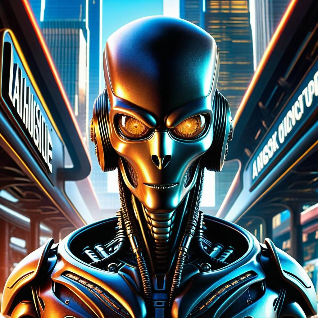 Steampunk Robot Alien Movie Poster in Hyperrealism