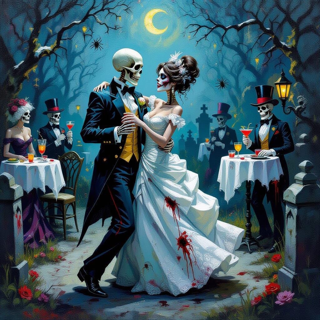 Eerie Zombie Prom Couple Dancing in Graveyard Oil Painting