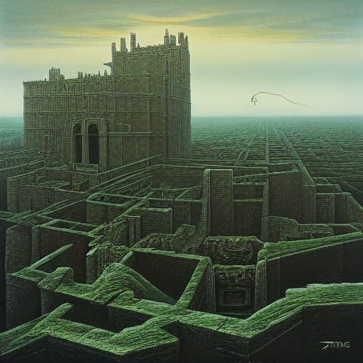 Dark, Fantastical Cityscape in Dystopian Surrealist Style