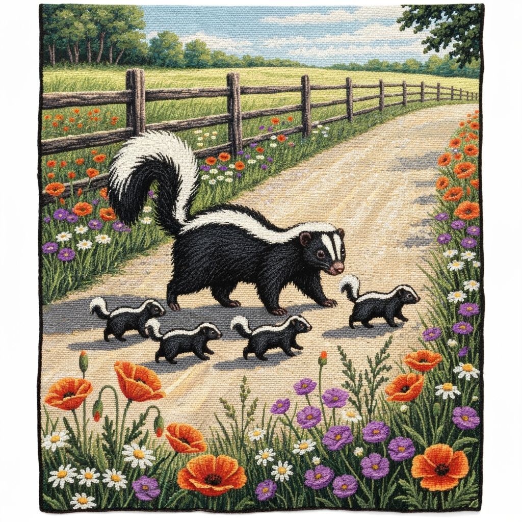 Tapestry Skunk Family Crosses Country Road with Wildflowers