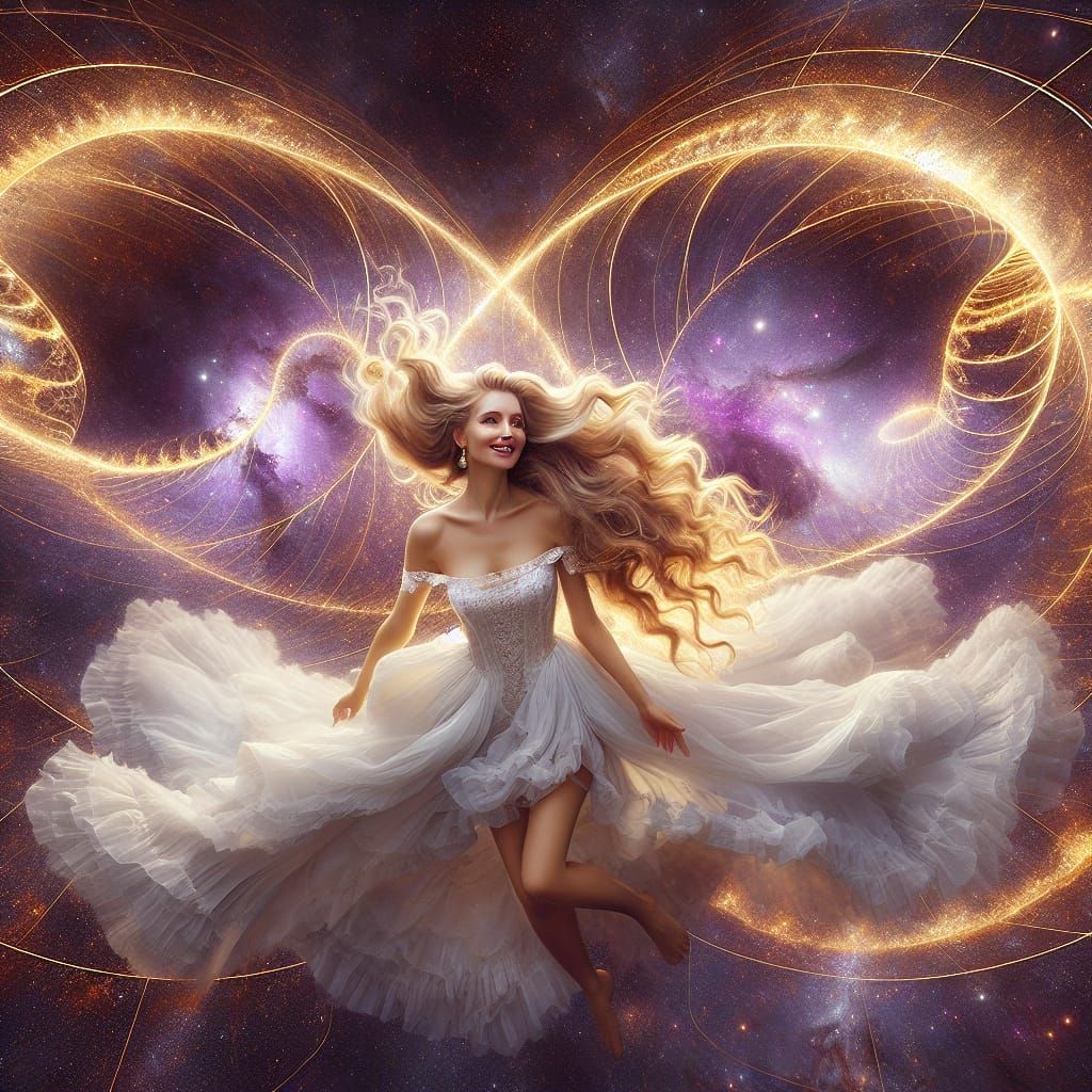 Woman's Cosmic Ballet Amidst Golden Arches