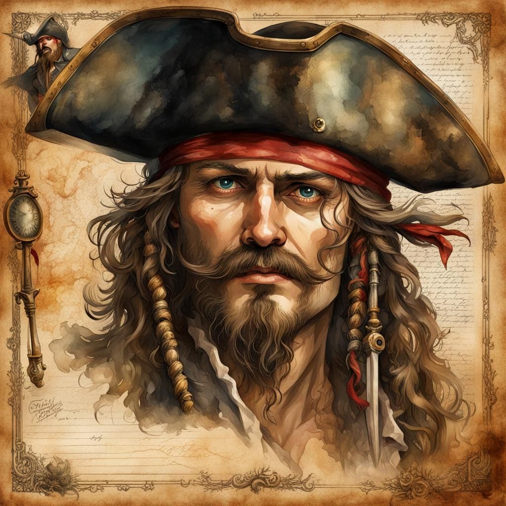 Pirate Portrait on Parchment in Watercolor Style