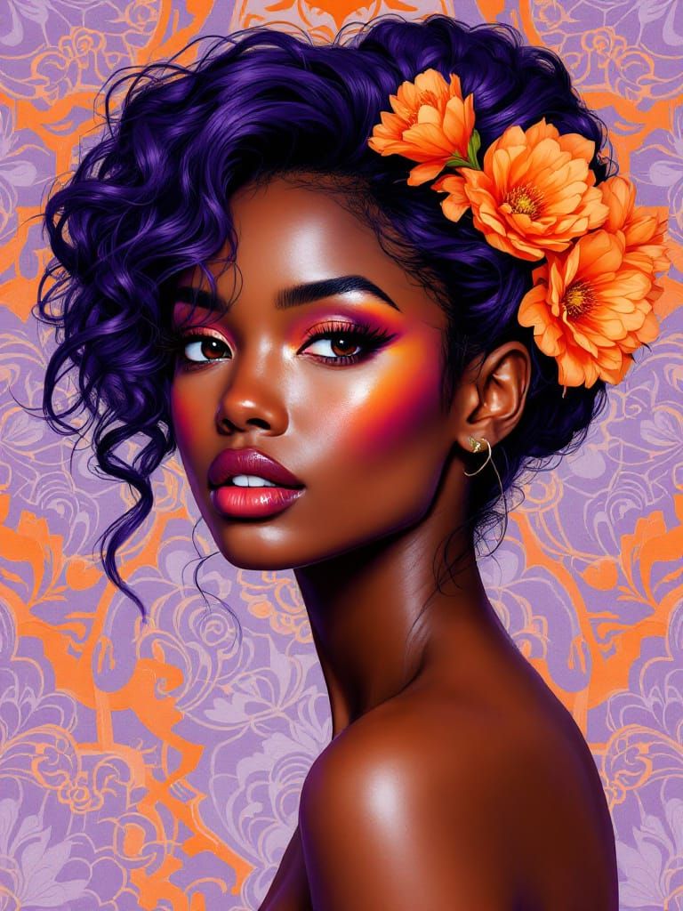 Elegant Woman with Purple Hair, Geometric Art Style