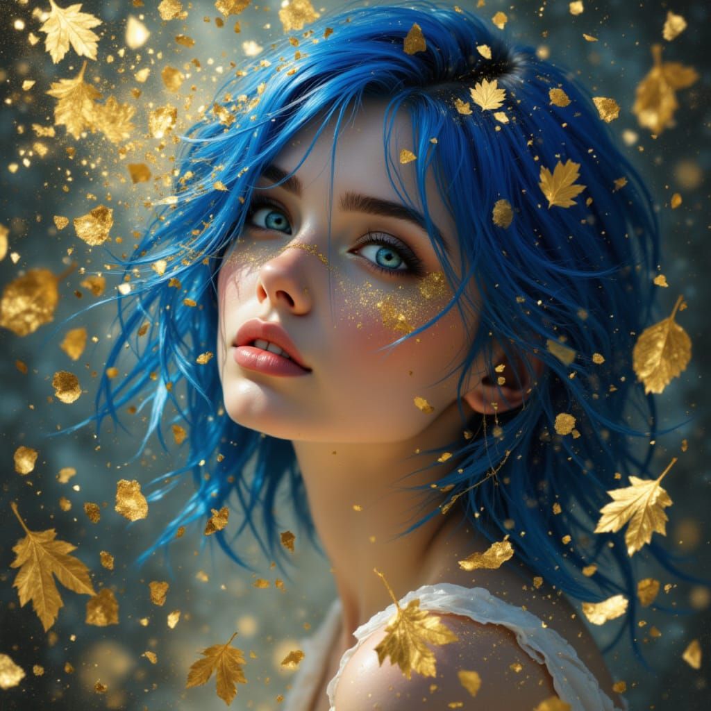 Alt Girl Portrait with Blue Hair and Gold Fragments
