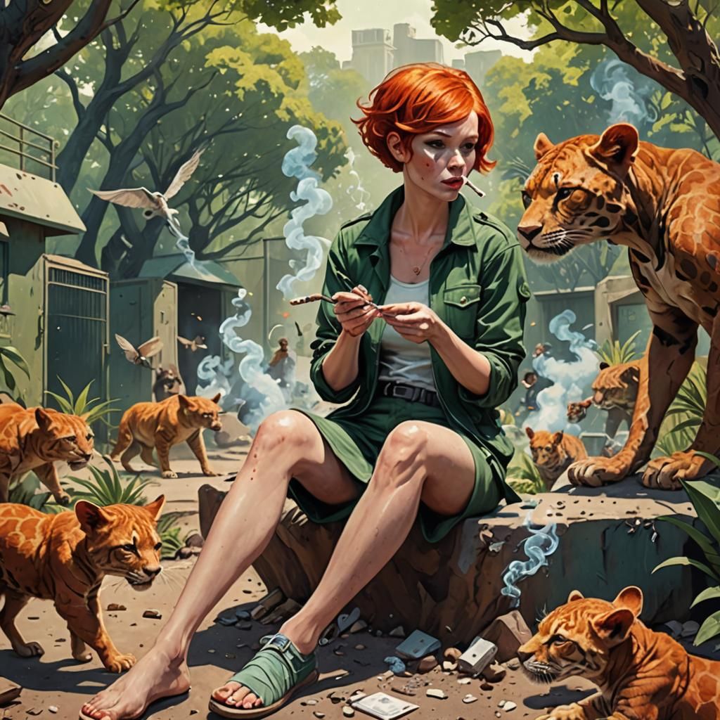 Redhead Girl Smoking at the Zoo, in Marvel Surrealism