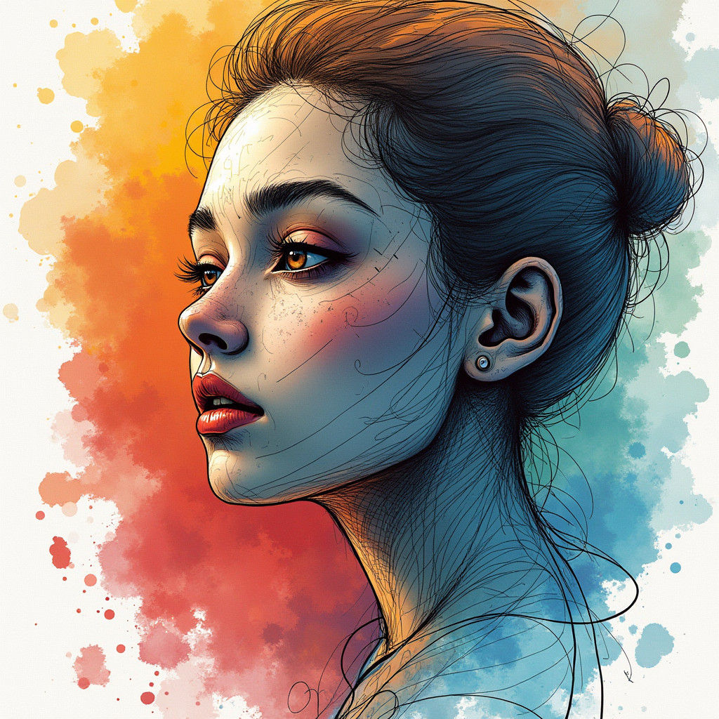 Detailed Sketch Art with Watercolor Accents