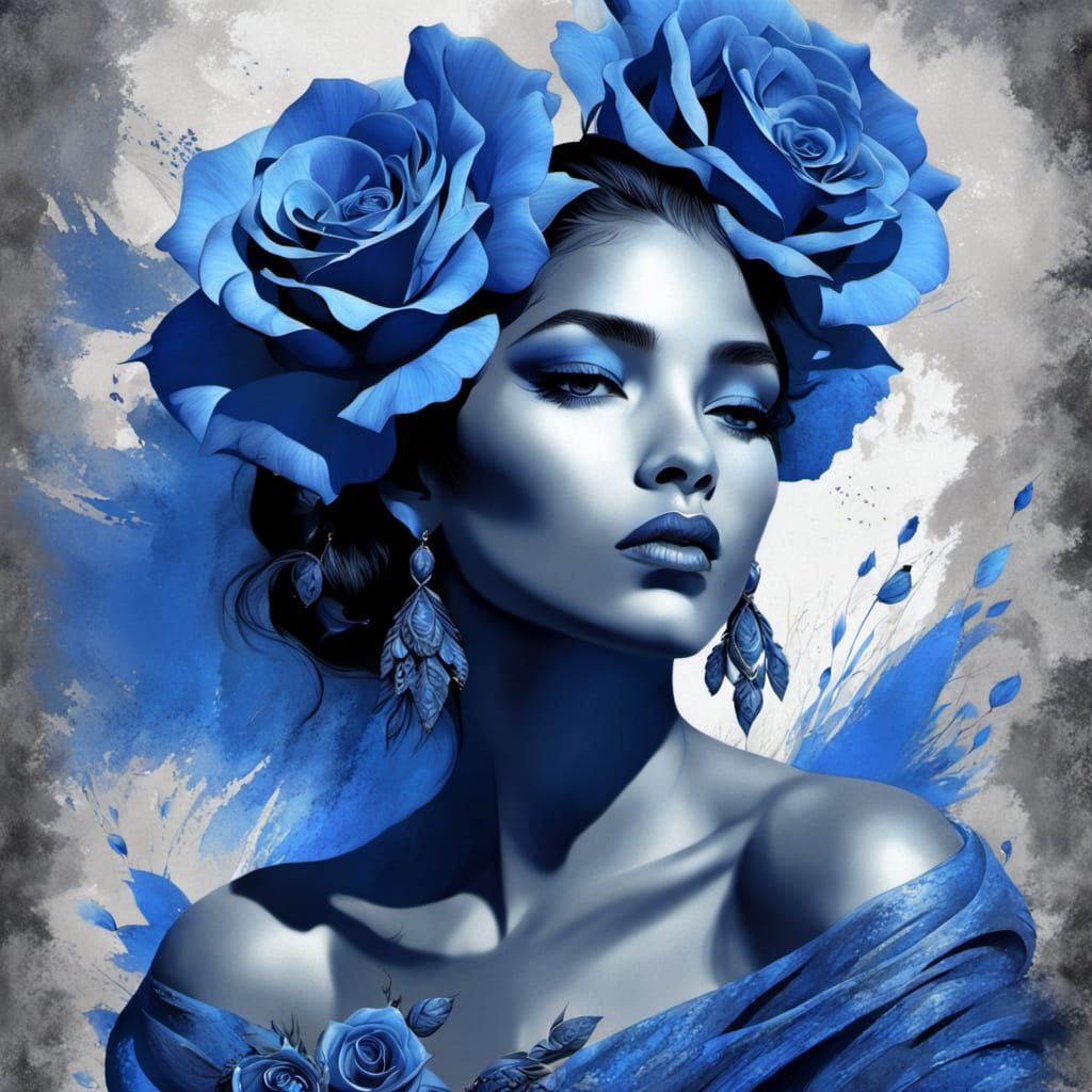 Latina Woman with Blue Roses in Art Deco Style