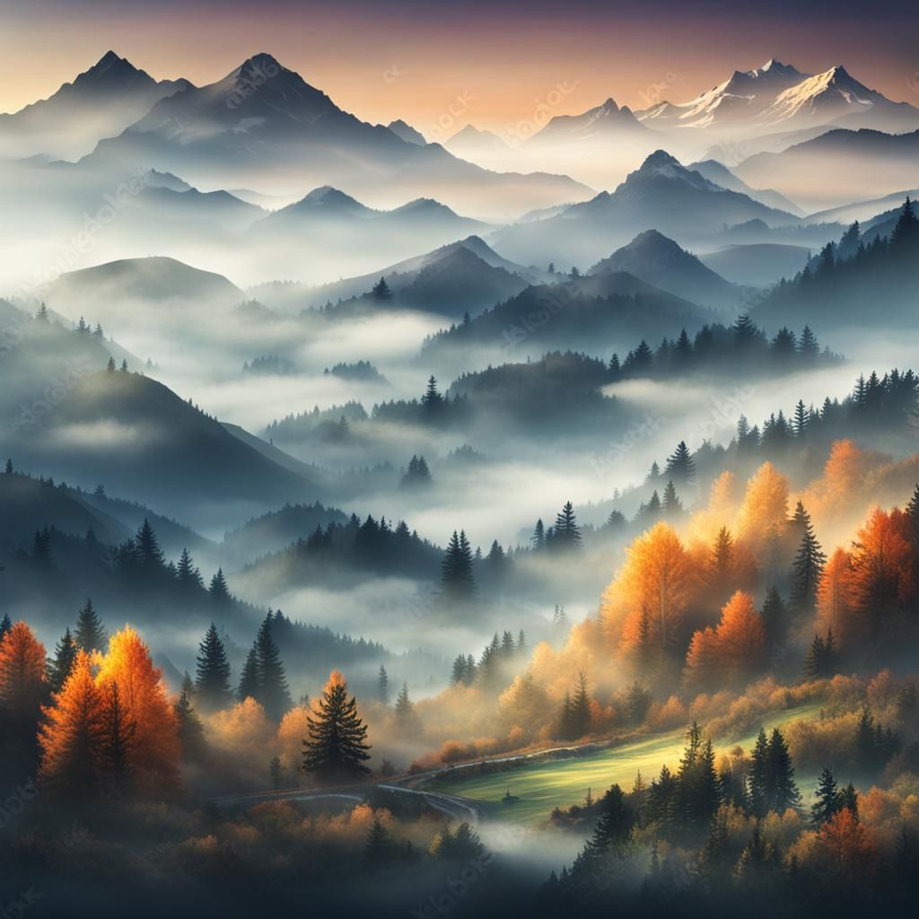 Misty Mountain Landscape: Serene AI-Generated Image