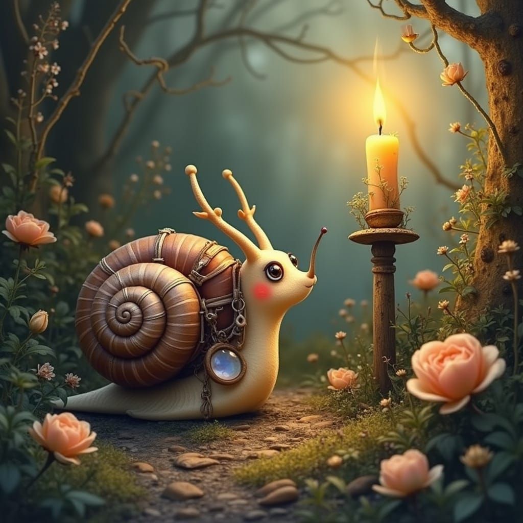 Snail Gazing at Candle Flame in Whimsical Style