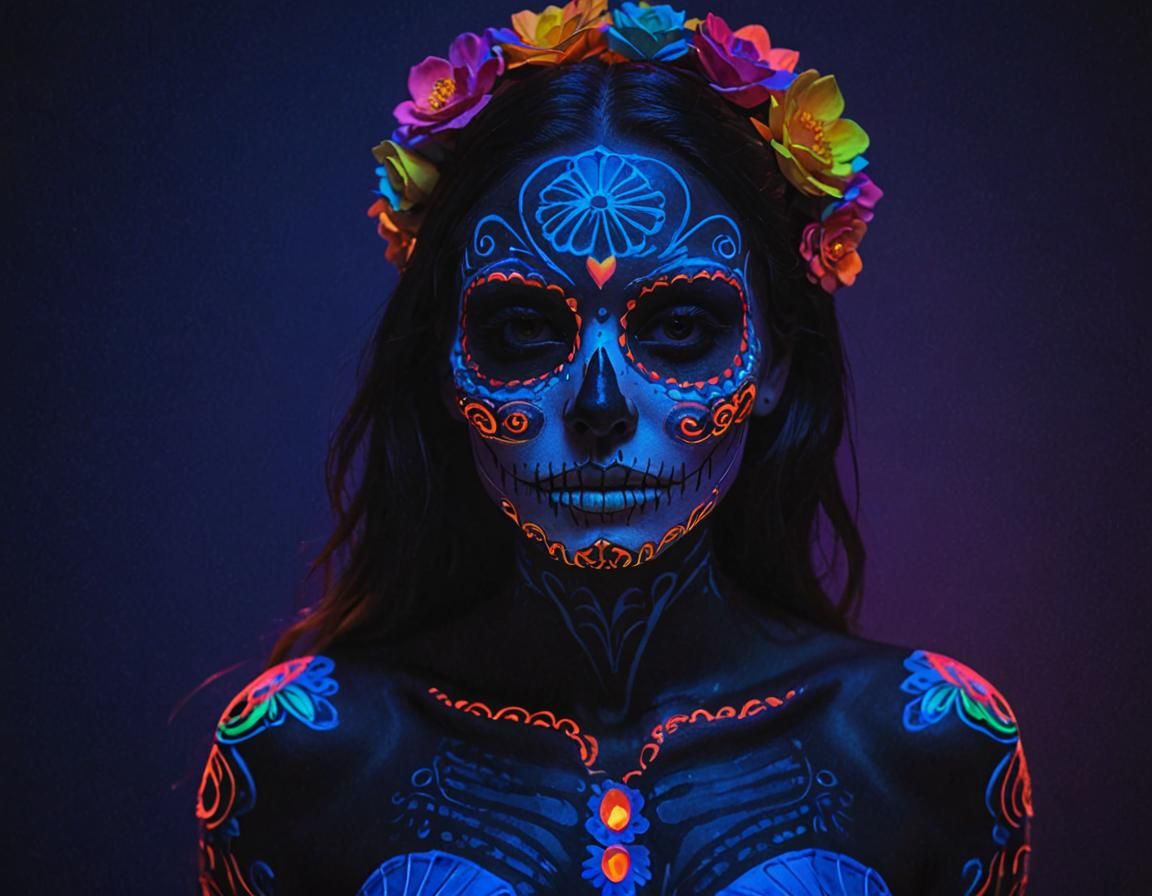 Glowing Neon Sugar Skull in Black Light