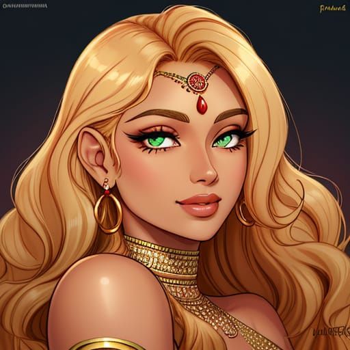 Indian Goddess with Amber Skin and Luscious Strawberry Blond...
