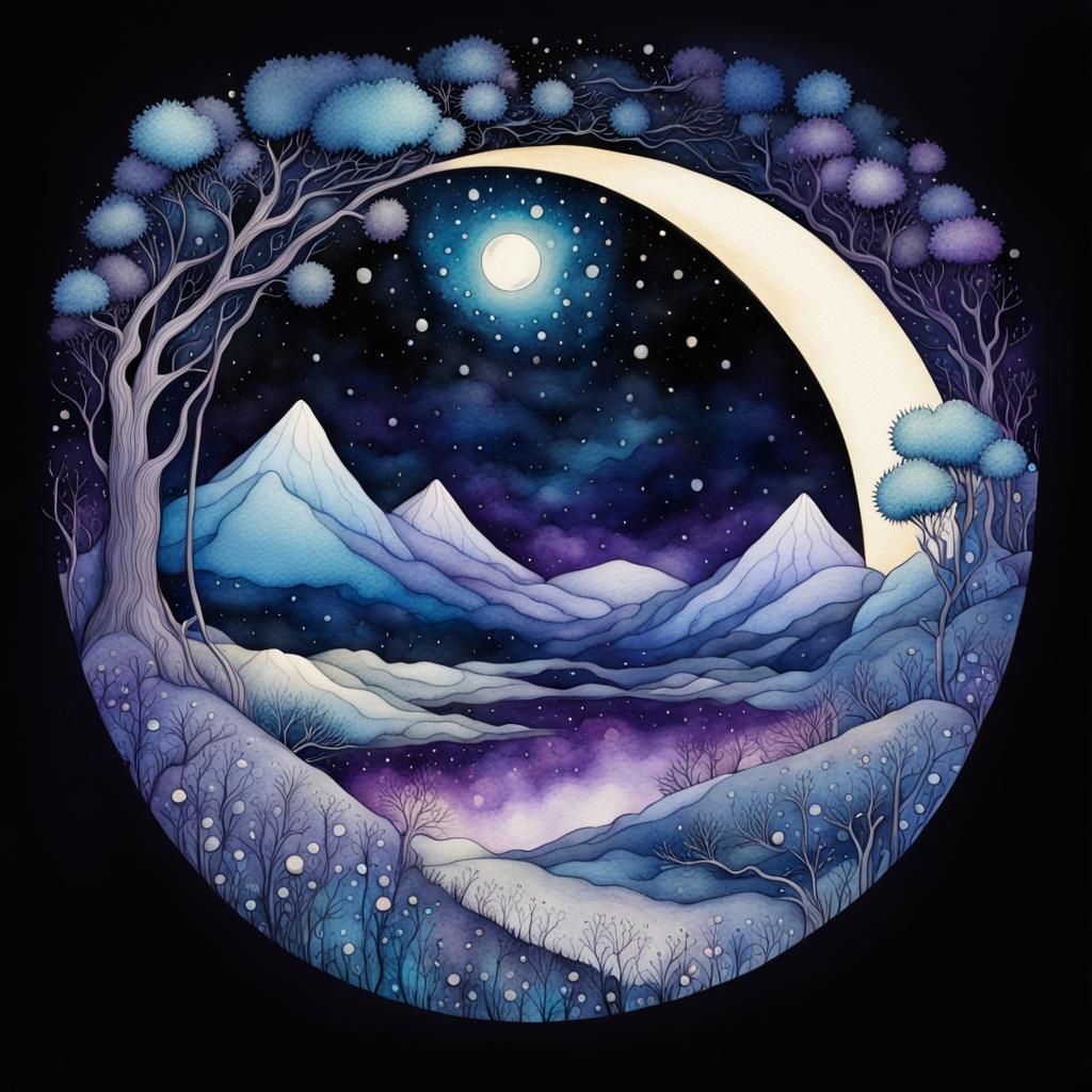 Inverted Starry Sky Landscape in Liquid Ink Watercolor