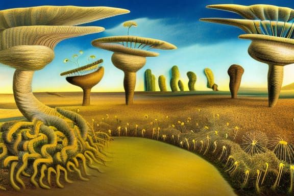 Surreal Dandelion Spring Landscape, Cel-Shaded Illustration
