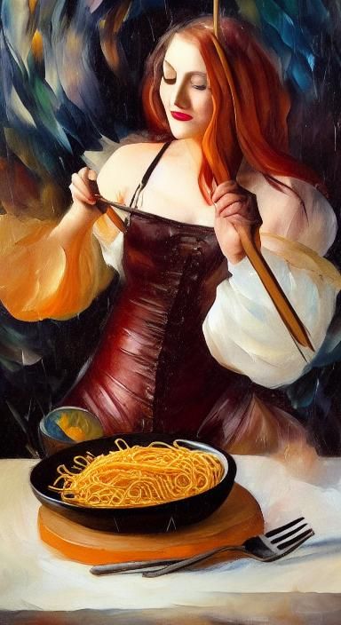 Gothic Lady Eating Spaghetti, Realistic Detailed Painting