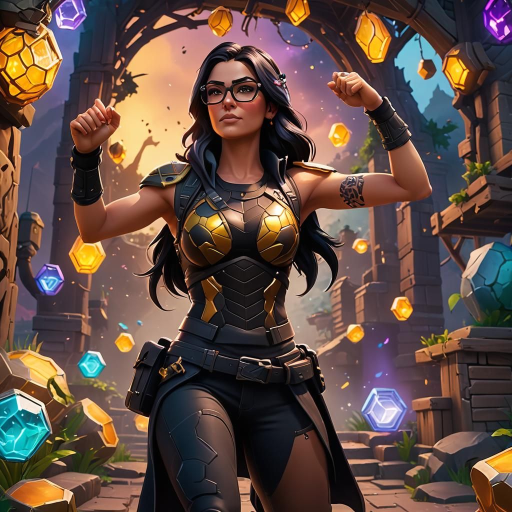 Woman Flexing in Fortnite-Style Fantasy Landscape