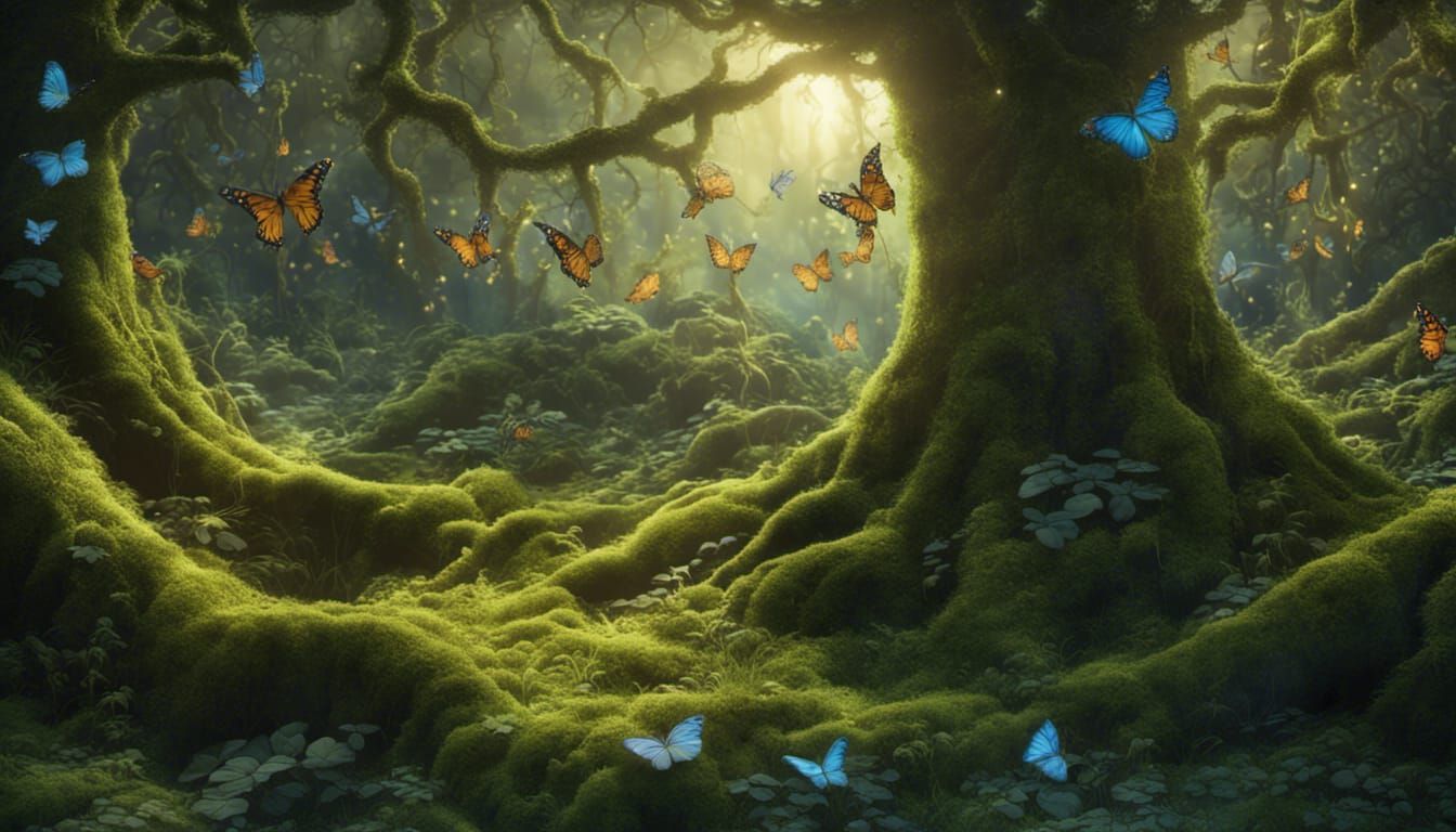 Enchanted Forest with Butterflies at Dusk