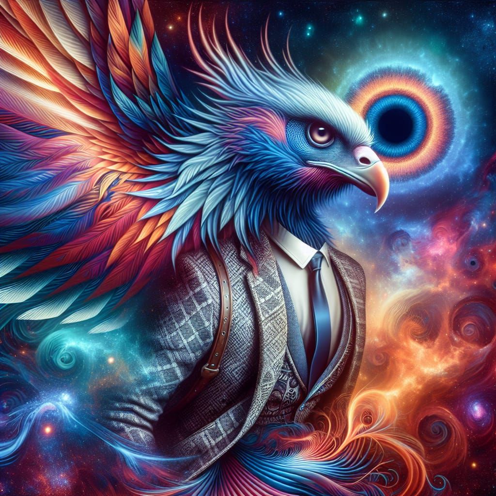 A classical
anthropomorphic phoenix soaring in the cosmos the eye of god background