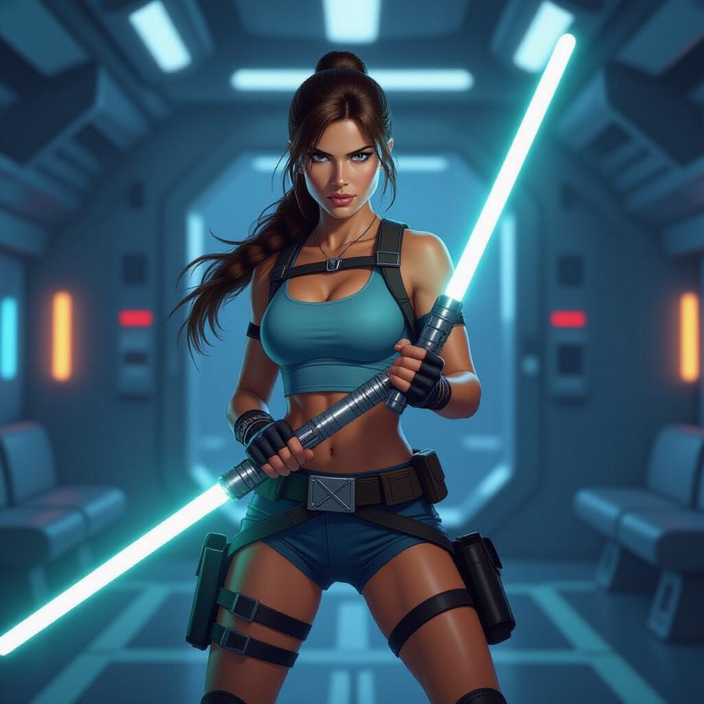 Lara Croft Wields Lightsaber on Jedi Starship