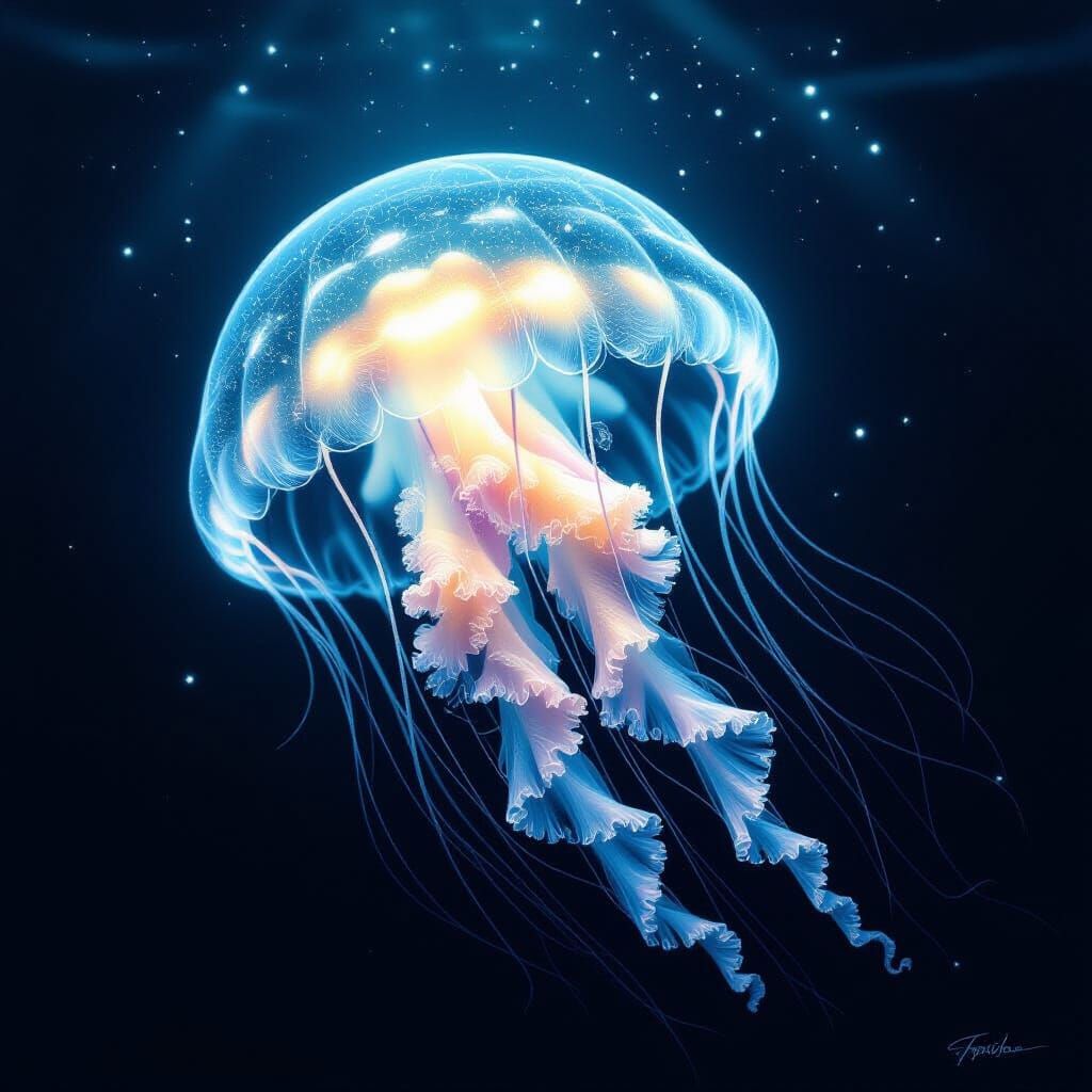 Bioluminescent Jellyfish in Deep Ocean Digital Painting