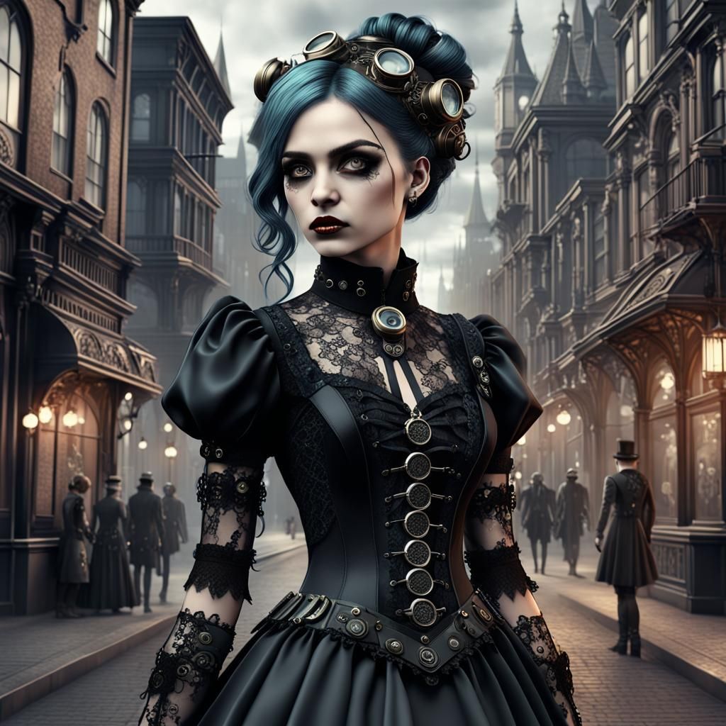 Gothic Female in Steampunk City: 3D Illustration
