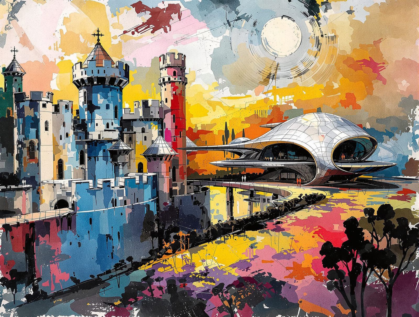 Medieval Castle Sits Beside Futuristic Architecture