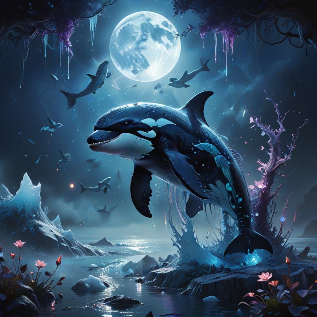 Killer Whale Emerges Under Moon in Watercolor Style