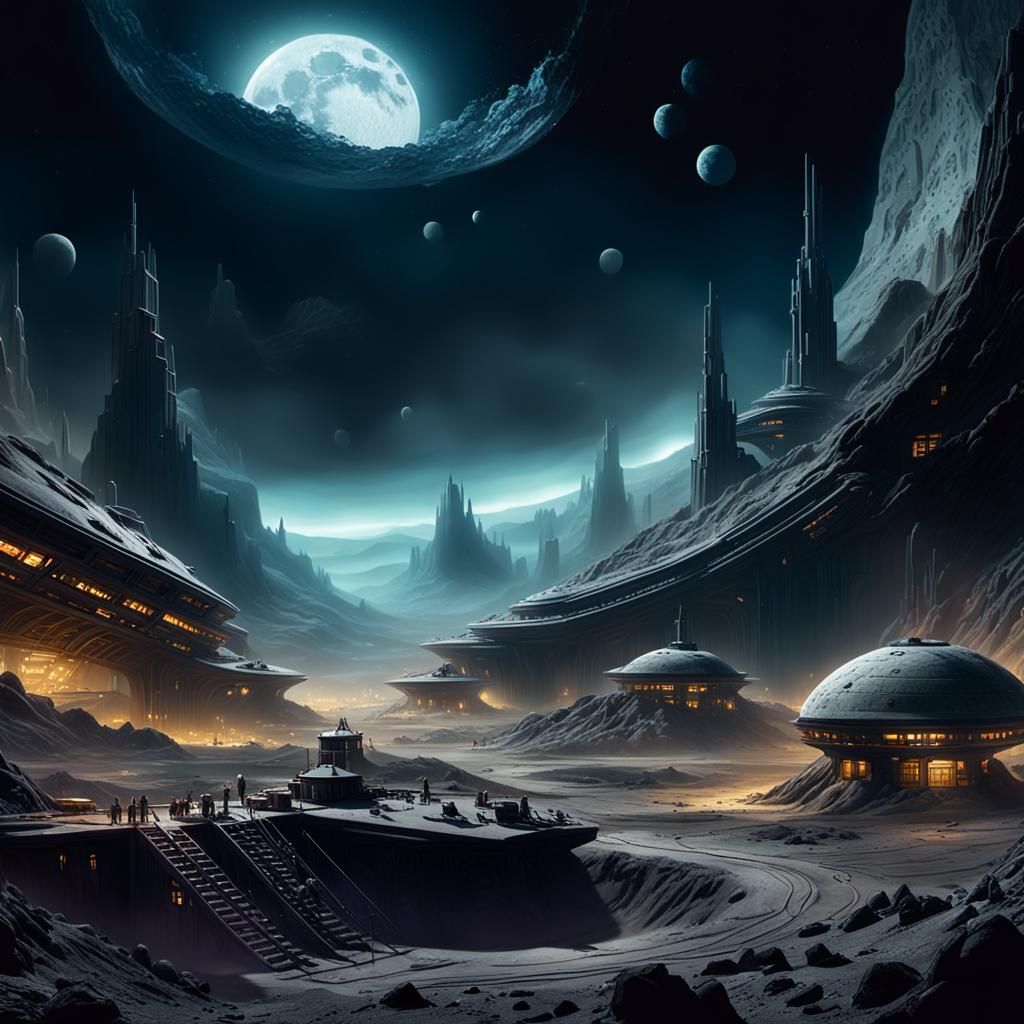 Alien Lunar Mining Colony in Dark Fantasy Style