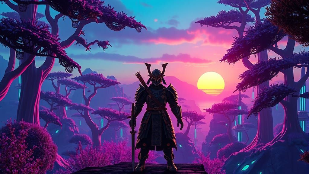 Samurai Guarding Bioluminescent Alien Forest at Twilight