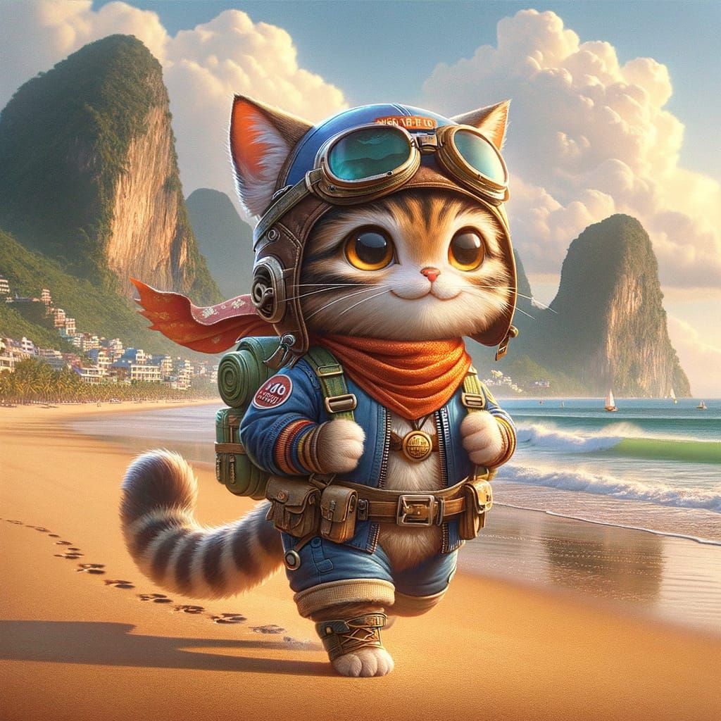 Cute Cat Adventurer in Nha Trang, Vietnam Beachscape
