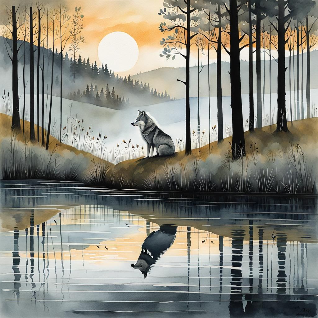 Fluffy Gray Wolf at Riverbank: Gouache Watercolor