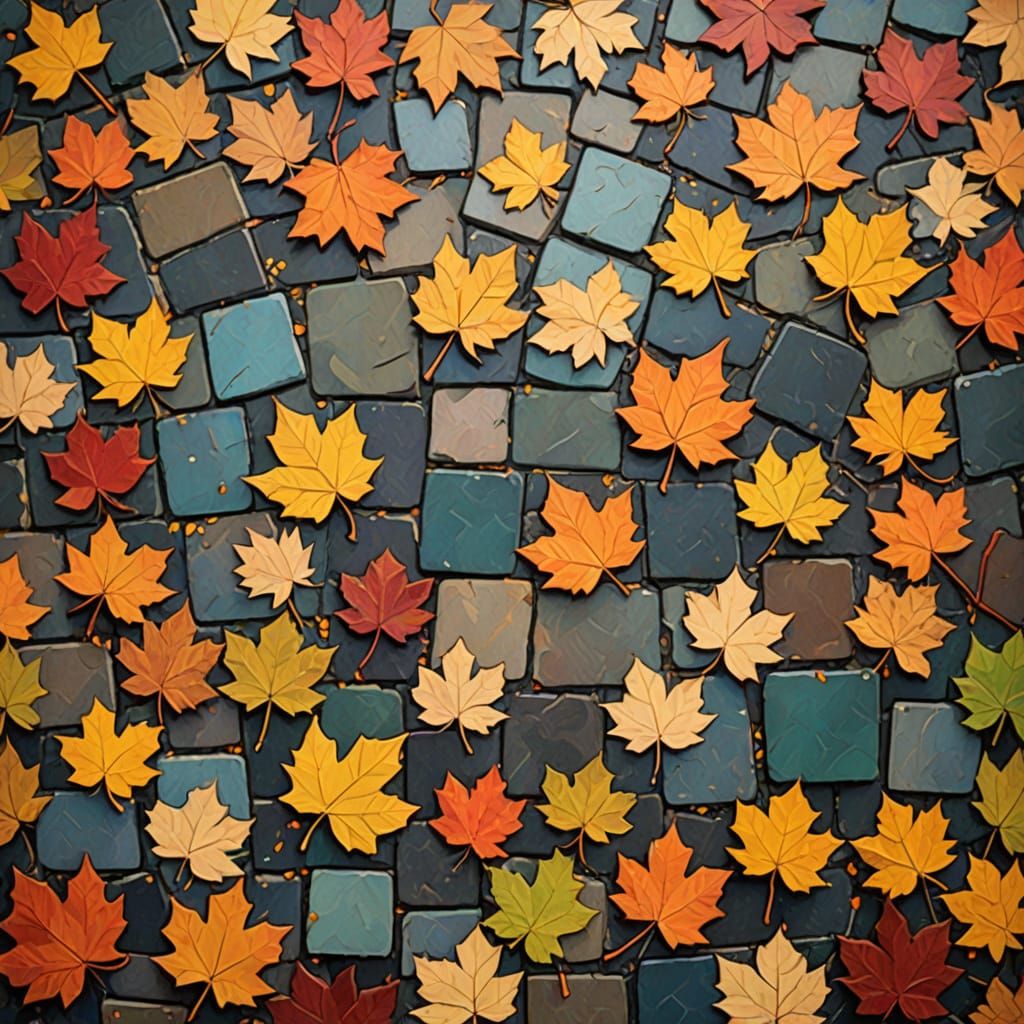 Mosaic of Fallen Autumn Leaves on Cobblestone Path