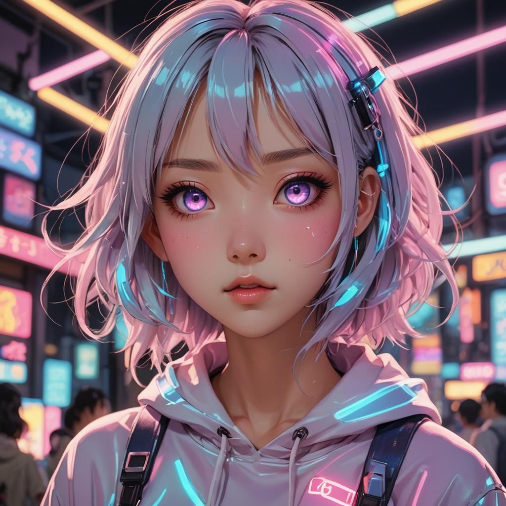 Pastel Kawaii Anime Girl in Neon Lighting