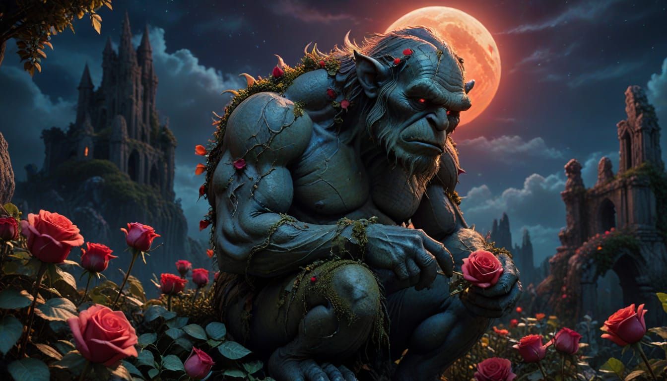 Tolkien Rock Troll Studies a Rose