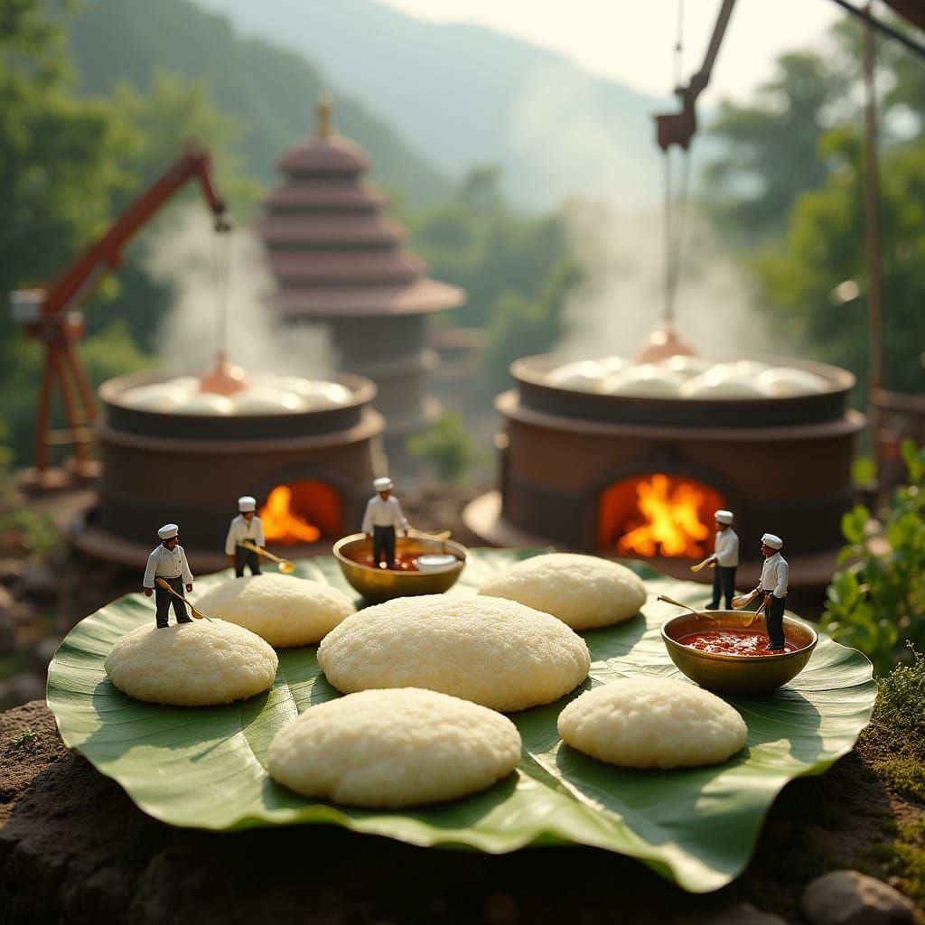 Miniature Chefs Prepare Giant Idlis: Hyper-Realistic Scene
