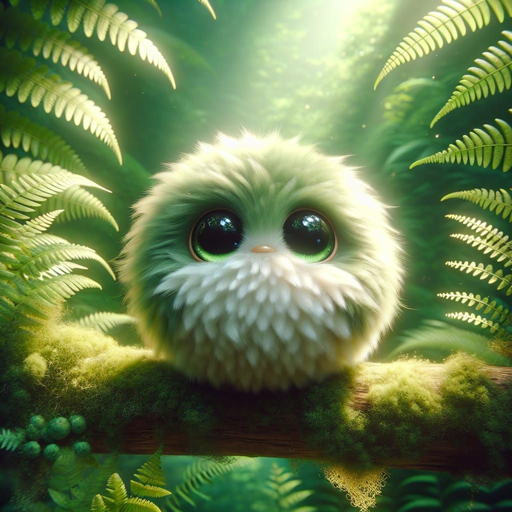 Fluffy Green And White Bird Creature in Enchanted Forest