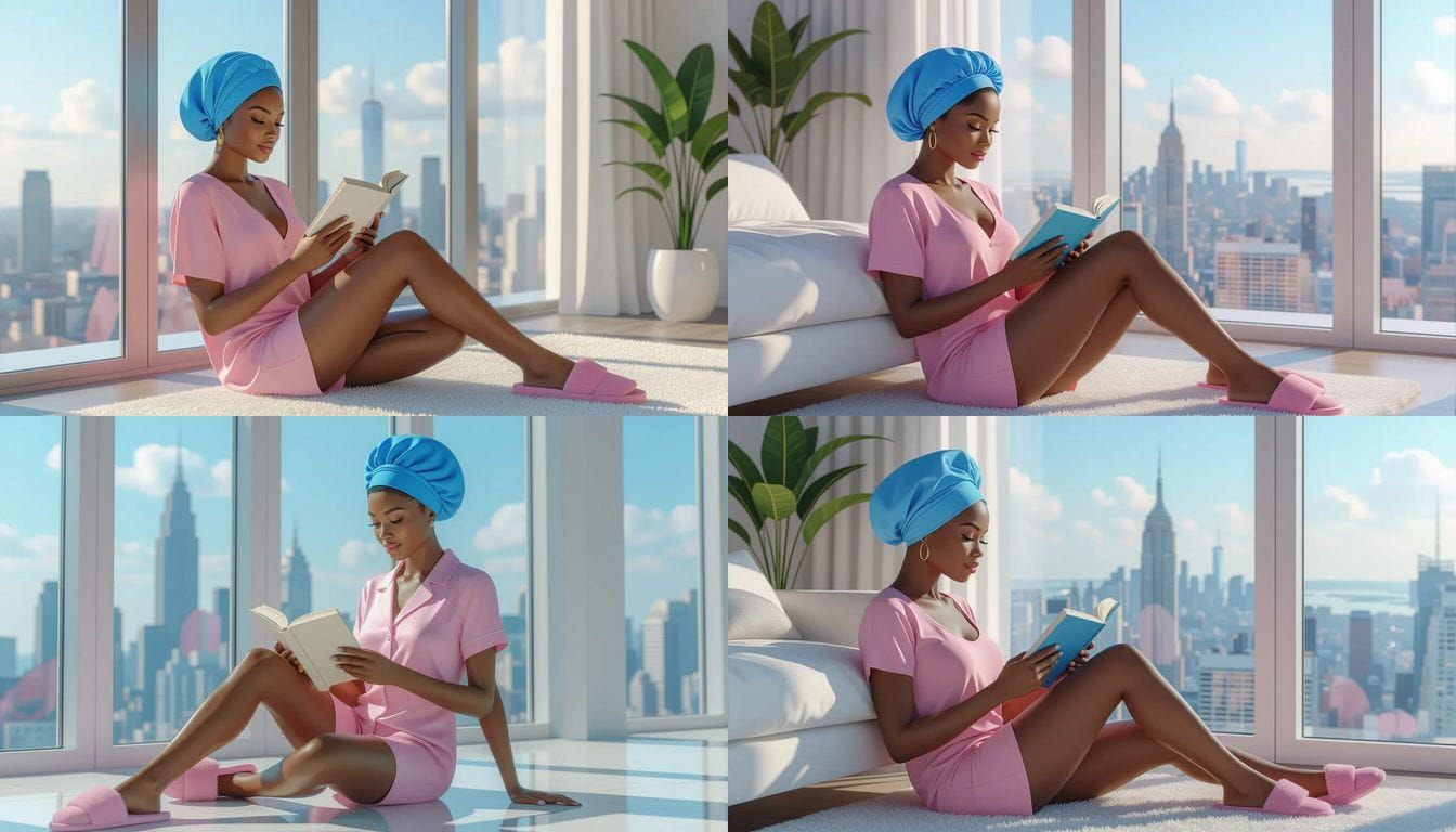 African Woman Reading in Luxury Apartment, Animated Style