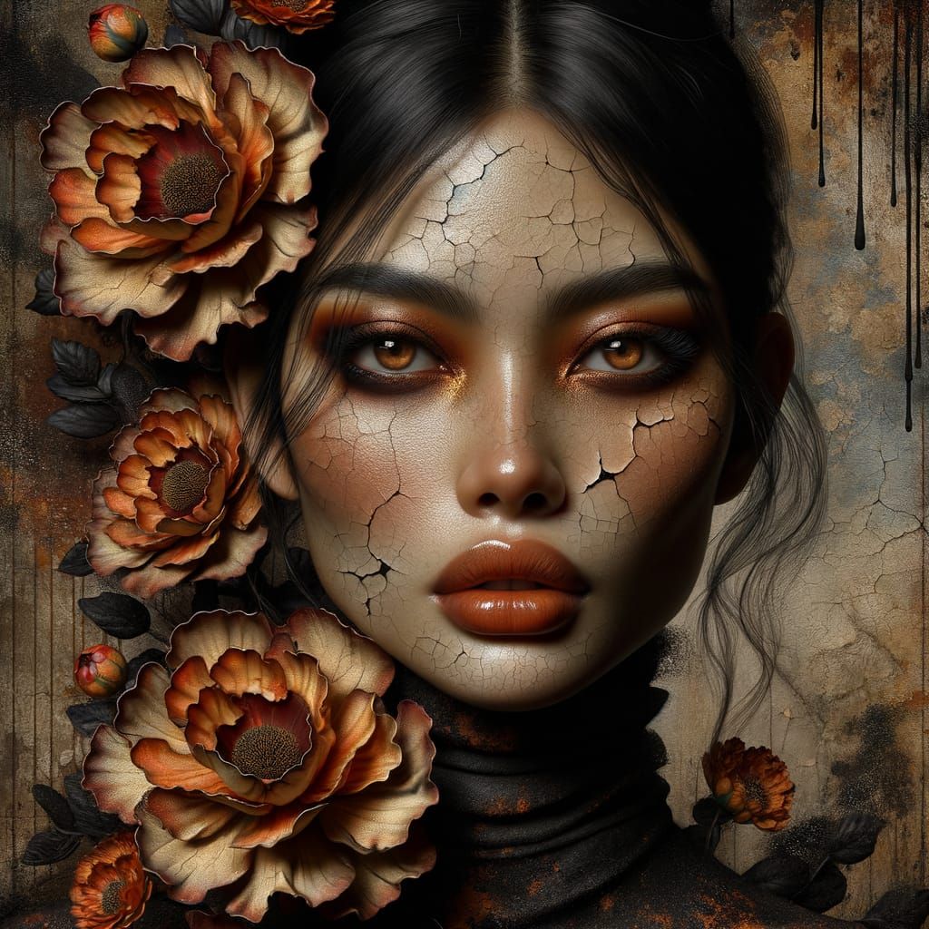 Melancholic Woman with Flowers in Gothic Style