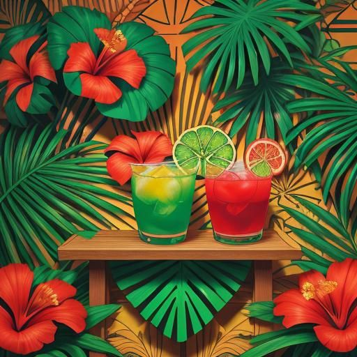 Vibrant Retro Tiki Bar Illustration with Tropical Drinks
