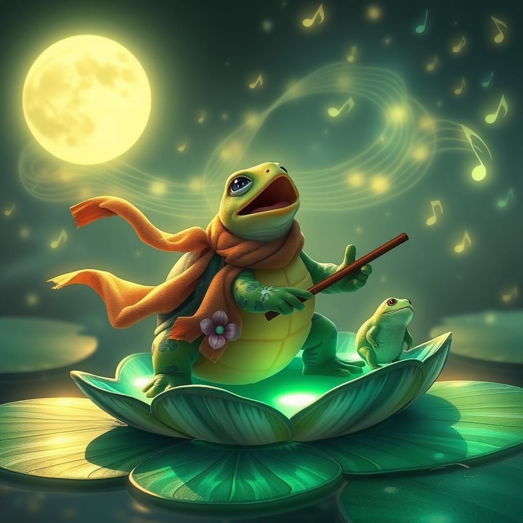 Turtle Serenade Under Moonlit Sky: A Whimsical Scene