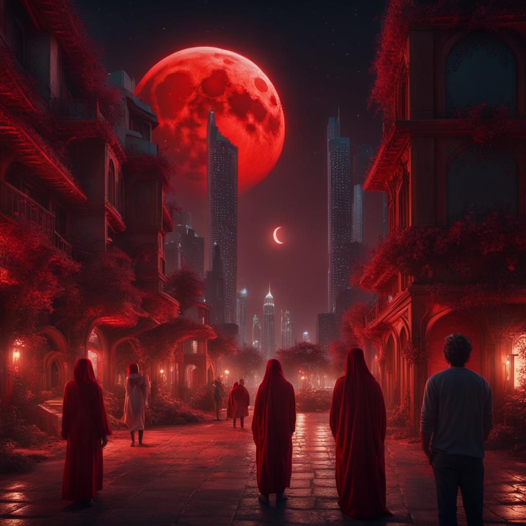 Red Lunar Crescent Over Modern Arabic City