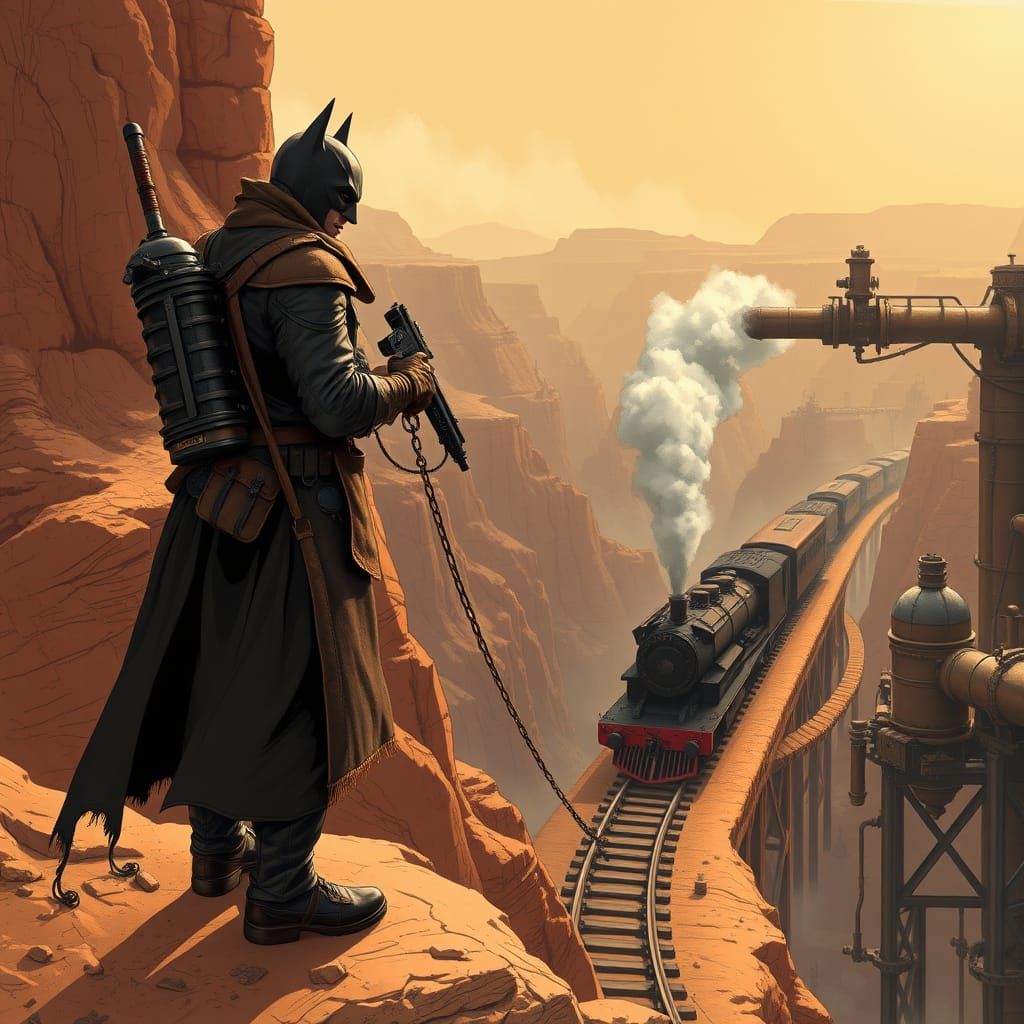 Batman in Steampunk Western Gear, Ready to Swing