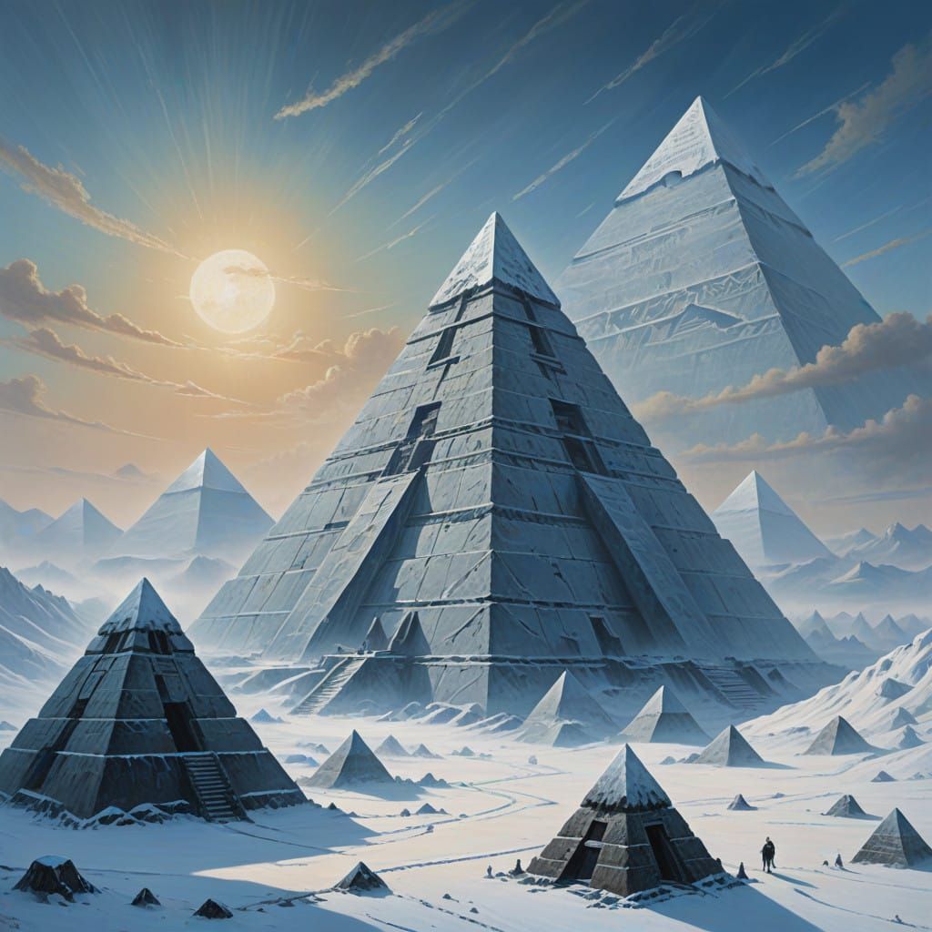 Surreal Winterscapes with Pyramid Landmarks in Ethereal Blue...