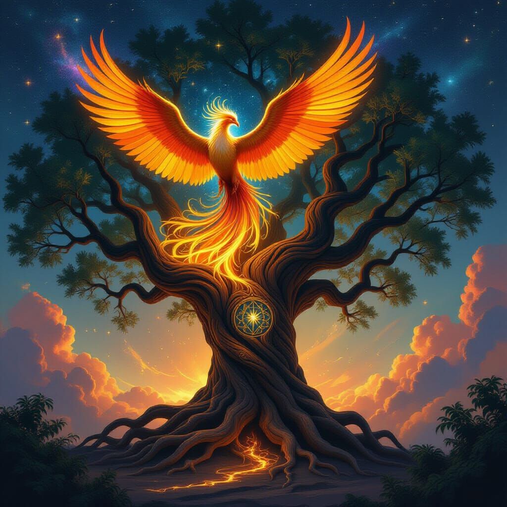 Golden Phoenix Erupts From Rune-Carved Tree in Cosmic Nebula