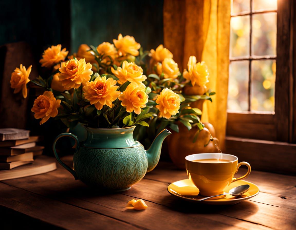 Golden Teacup Still Life in Hyper-Realistic Digital Art
