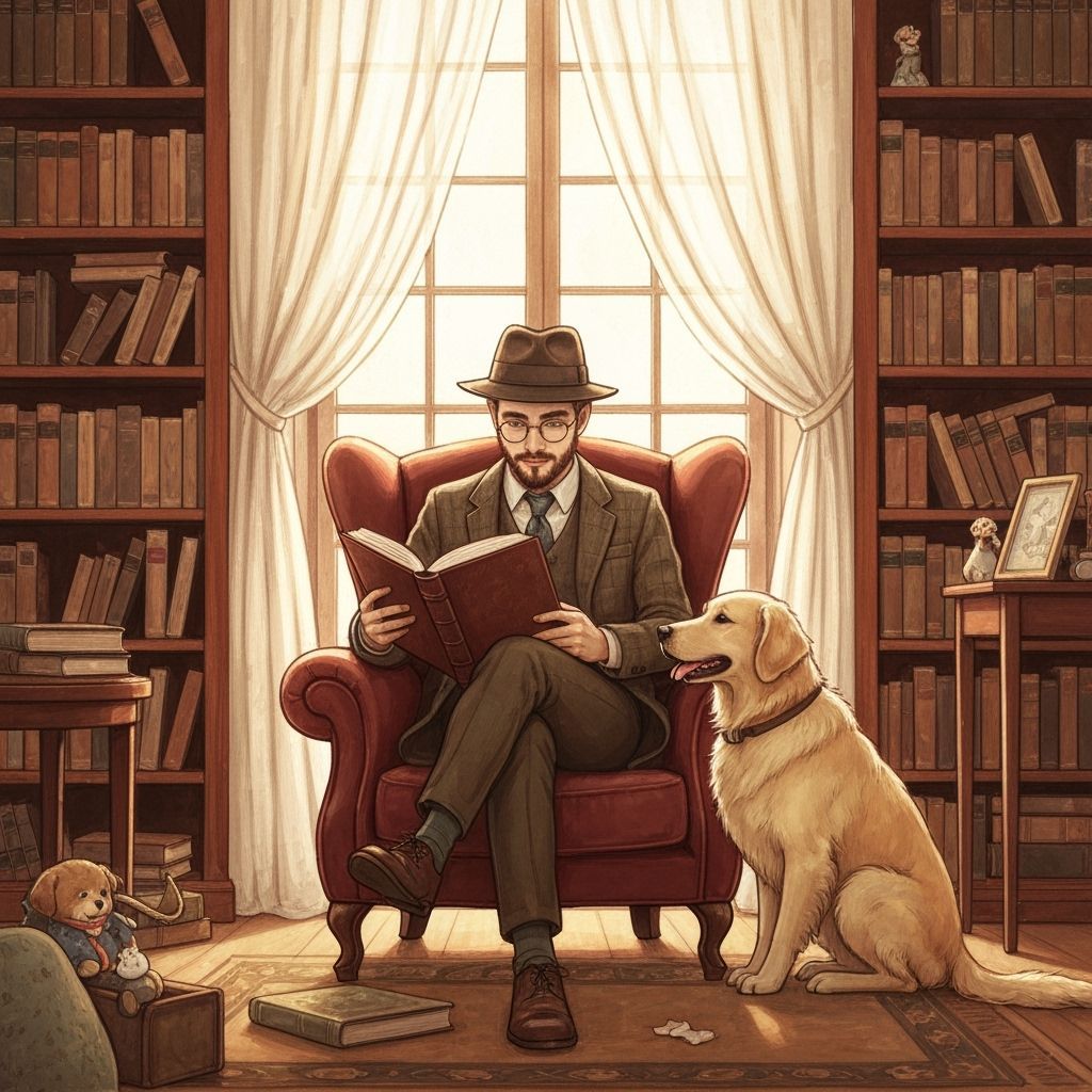 Cozy Reading Scene with Dog in Beatrix Potter Style