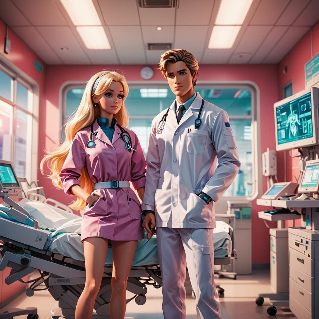 Ken and Barbie in Anime Style Futuristic Hospital