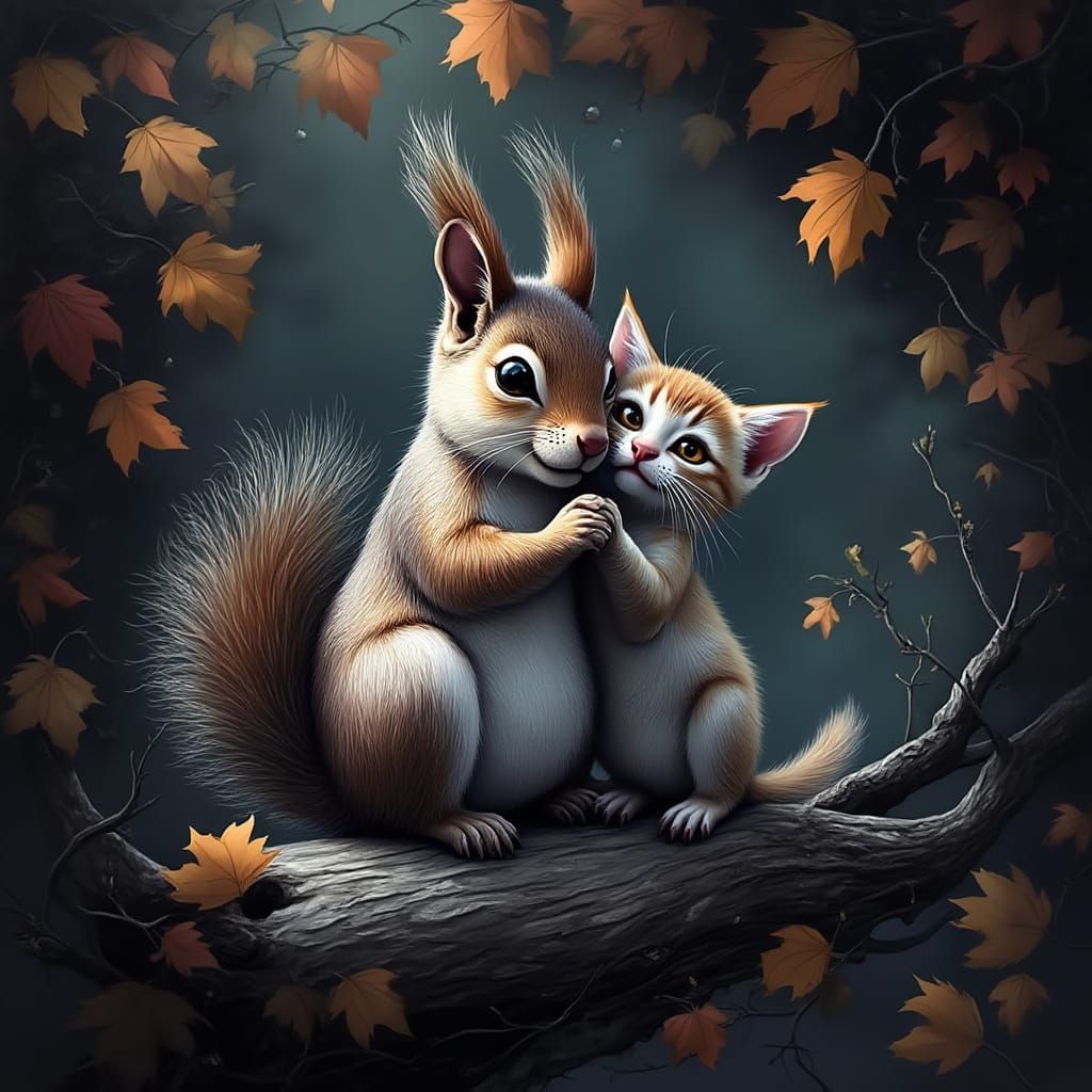Squirrel and Kitten Friends in Autumn Masterpiece