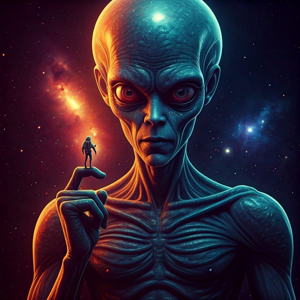 Cosmic Alien First Contact with Tiny Astronaut