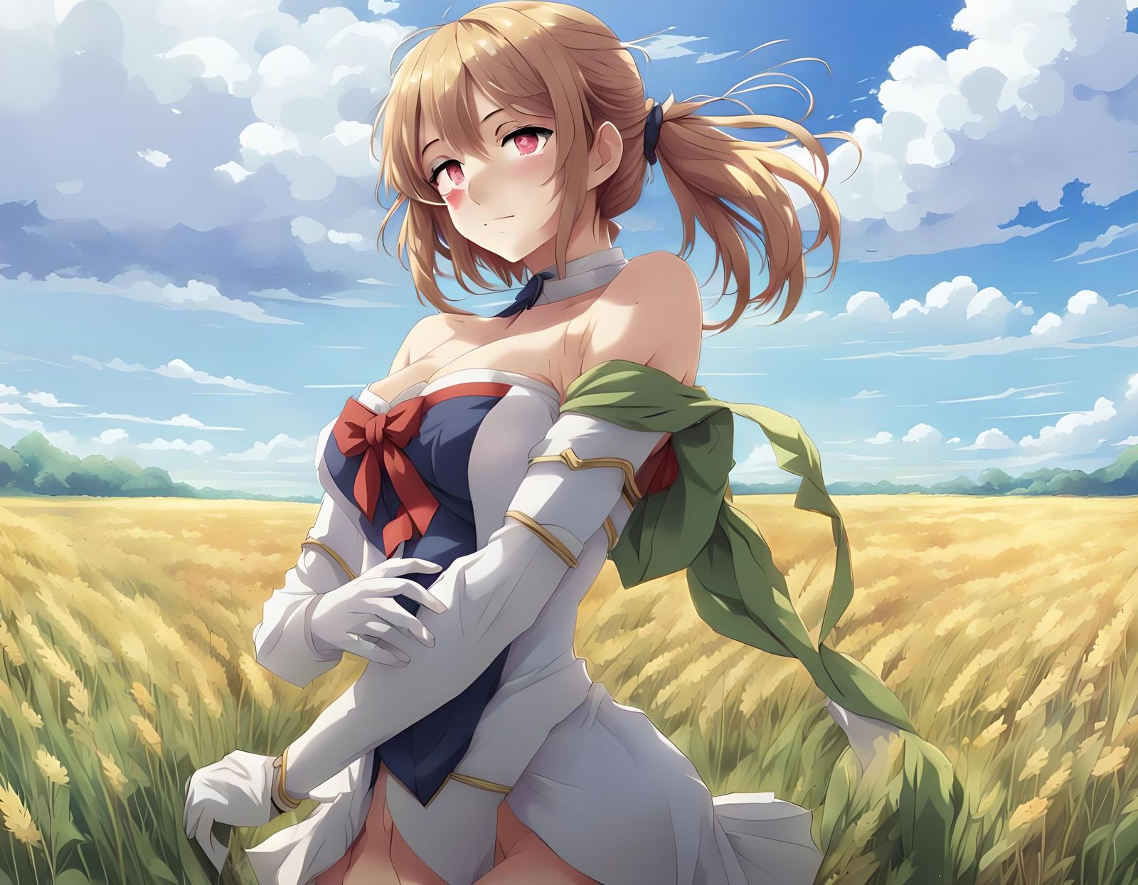 Anime Beauty in Field with Arms Around Body